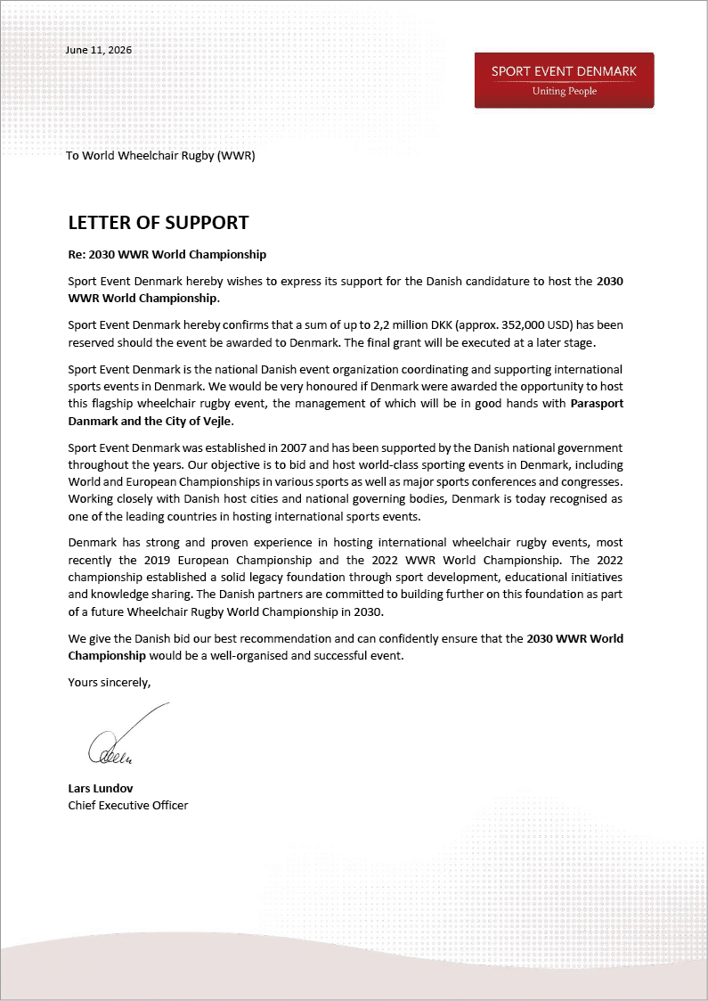 A letter of support for the wheelchair rugby team. Description generated by AI
