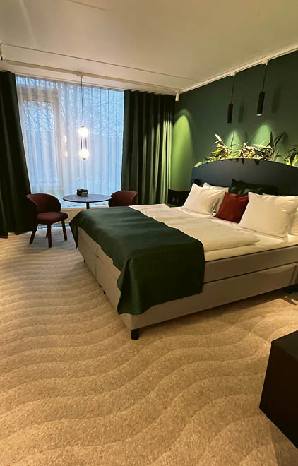A bedroom with a bed and a chair. Description generated by AI