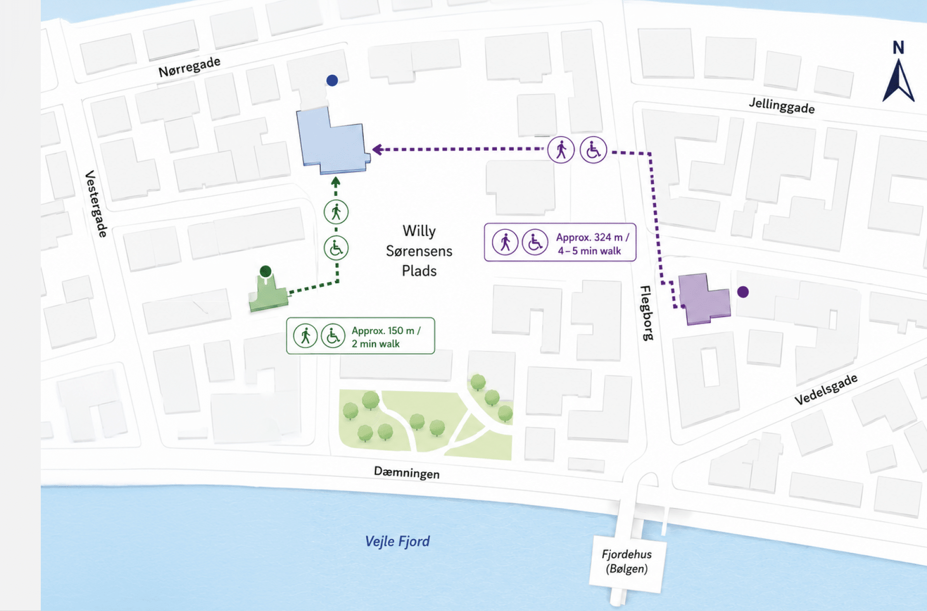 A map of a city with a hotel and a venue. Description generated by AI
